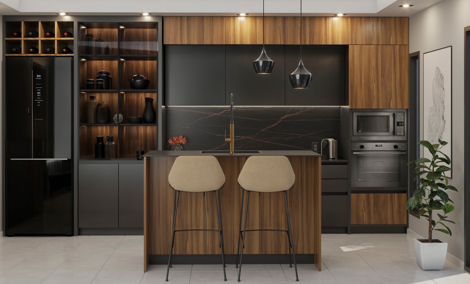 Modern kitchen with dark cabinetry and a natural stone surface