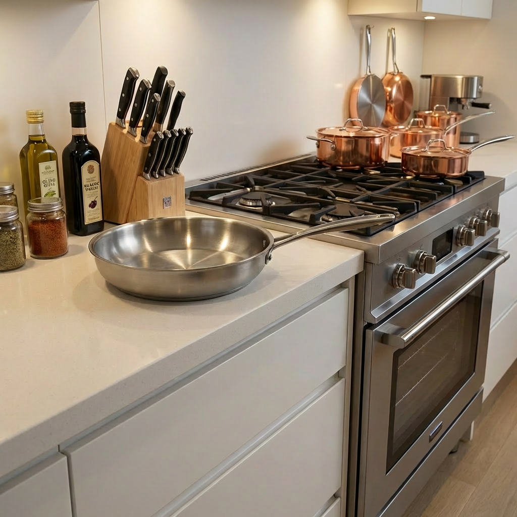 Hot pan placed on a quartz countertop demonstrating heat exposure risk