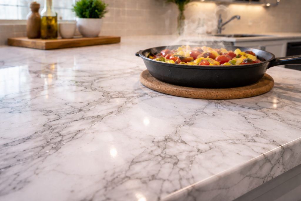 Hot cast iron pan resting on a cork trivet over a Calacatta quartz countertop in a modern kitchen